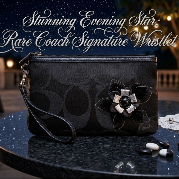 Coach Handbags - Rare Coach Signature Wristlet w/ Velvet & Metallic 3D Flower Appliqué
